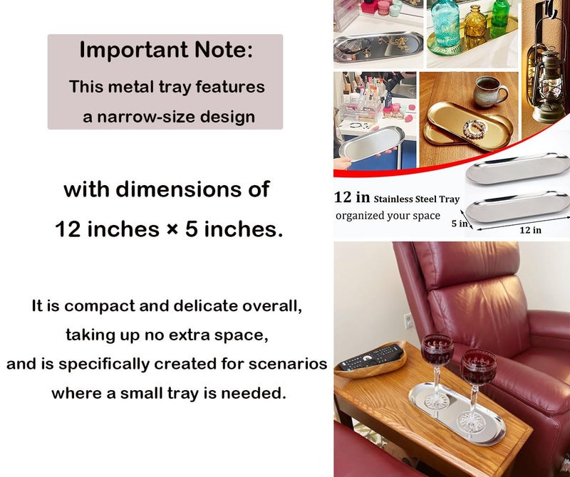 Fermus Stainless Steel Decorative Tray  Set of 2  12 Inch Long  Jewelry Dish Cosmetics Organizer Bathroom Clutter Serving Platter Small Storage Tray  Oval  Gold - Image 2